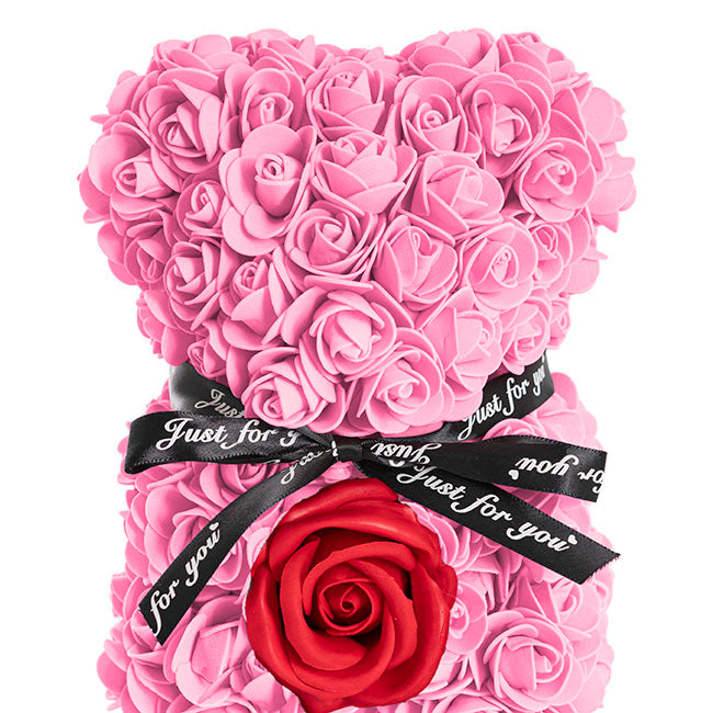 Rose Bear with Red Flower Pink (25cmH)