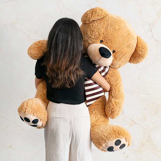 Giant Teddy Bear Wilson w Striped Bow Brown 115cmHT 80cmST The Soft Toy Shop