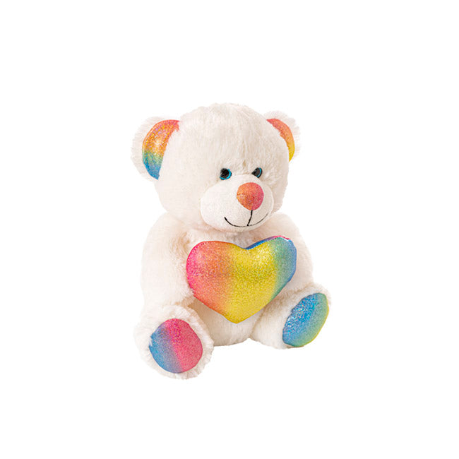 Rainbow Bear With Love Heart White (23cmST)