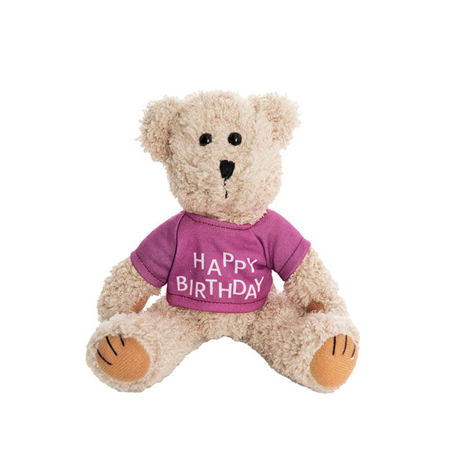 Teddy Bear Message Happy Birthday Purple T Shirt (20cmH)