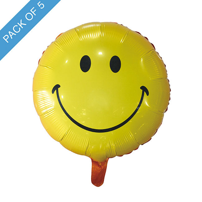 Foil Balloon 18" (45cmD) Pack 5 Round Smiley Face Yellow