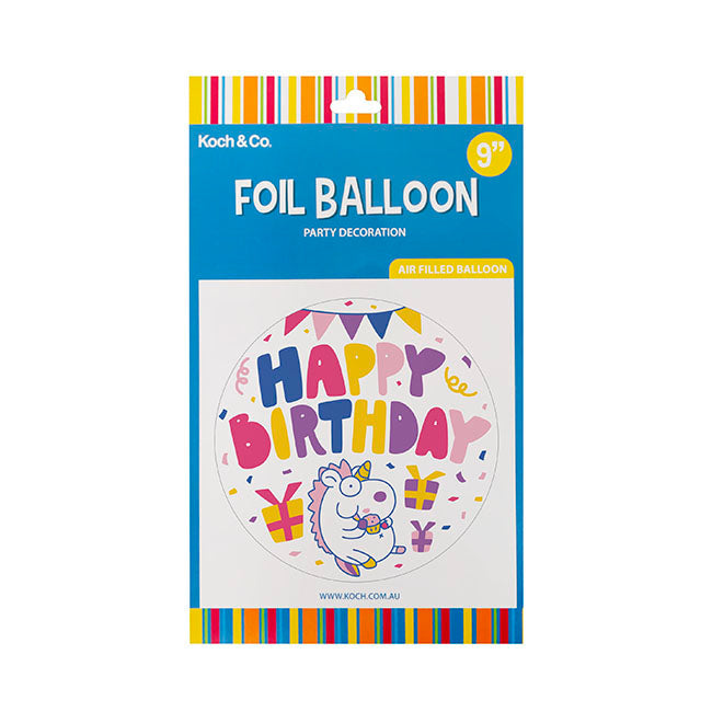 Foil Balloon 9" (22.5cmD) Pack 5 Round Happy Bday Unicorn