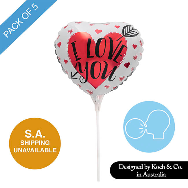 Foil Balloon 9" (22.5cmD) I Love You Arrow Pack 5 White
