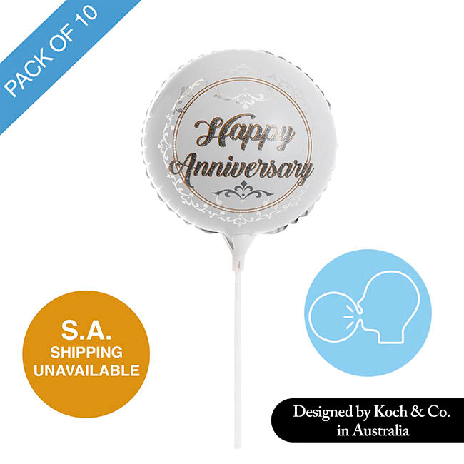 Foil Balloon 9" (22.5cmD) Pack 10 Happy Anniversary Silver