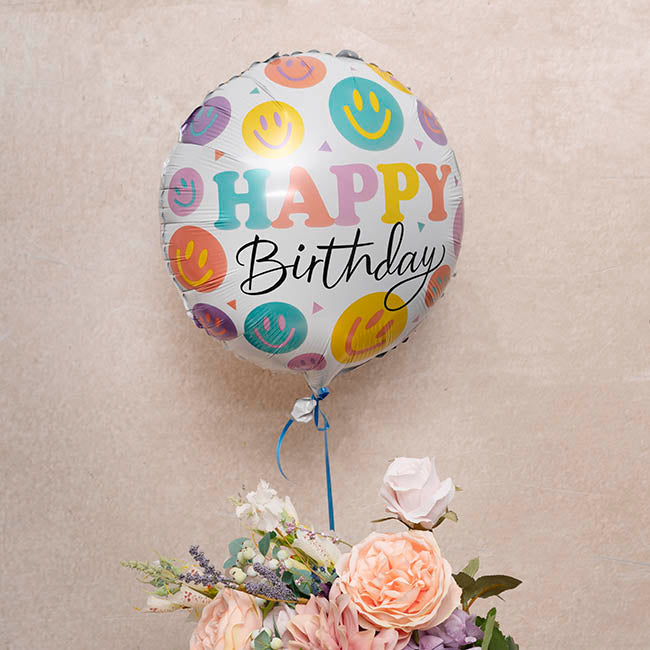 Foil Balloon 18" Happy Birthday Smiley White (45cmD)