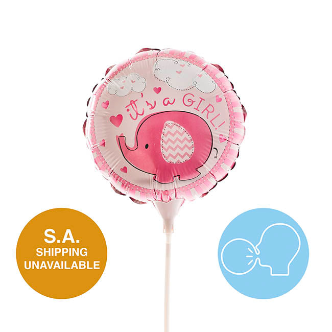 Foil Balloon 9" (22.5cmD) Air Fill Round Elephant Baby Girl