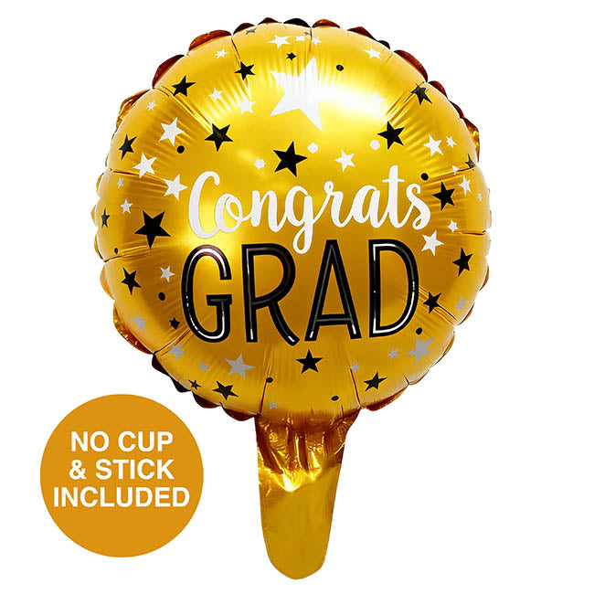 Foil Balloon 9" (22.5cmD) Congrats Grad Round Stars Gold