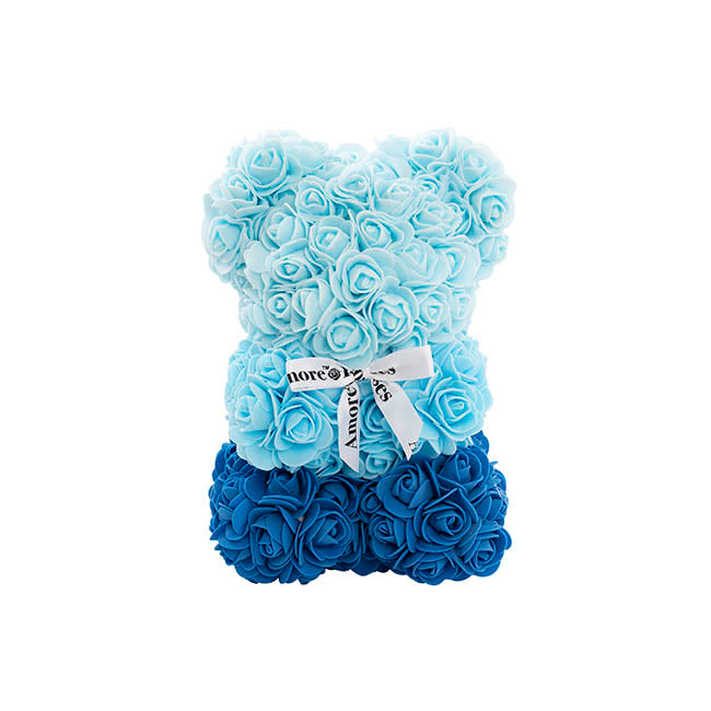 Amore Rose Bear w White Bow Ombre Blue (25cmH)