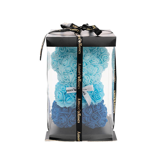 Amore Rose Bear w White Bow Ombre Blue (25cmH)
