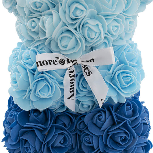 Amore Rose Bear w White Bow Ombre Blue (25cmH)