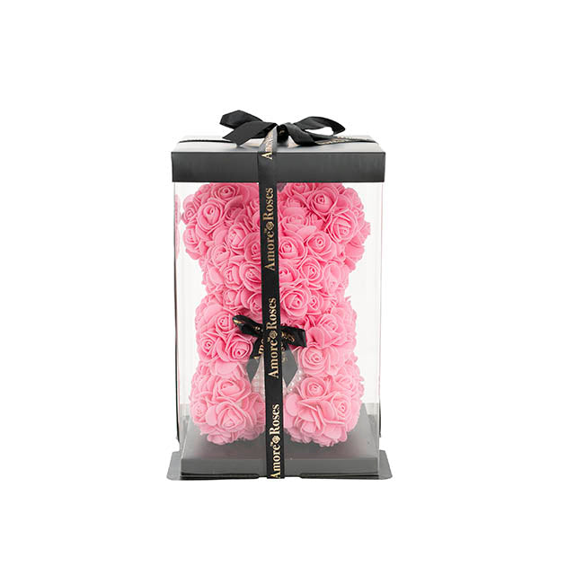 Amore Rose Bear w Pearl Heart & Black Bow Pink (25cmH)