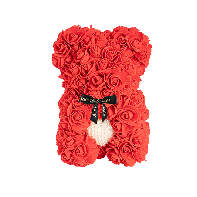 Amore Rose Bear w Pearl Heart & Black Bow Red (25cmH)