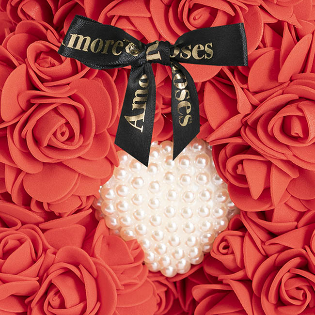 Amore Rose Bear w Pearl Heart & Black Bow Red (25cmH)