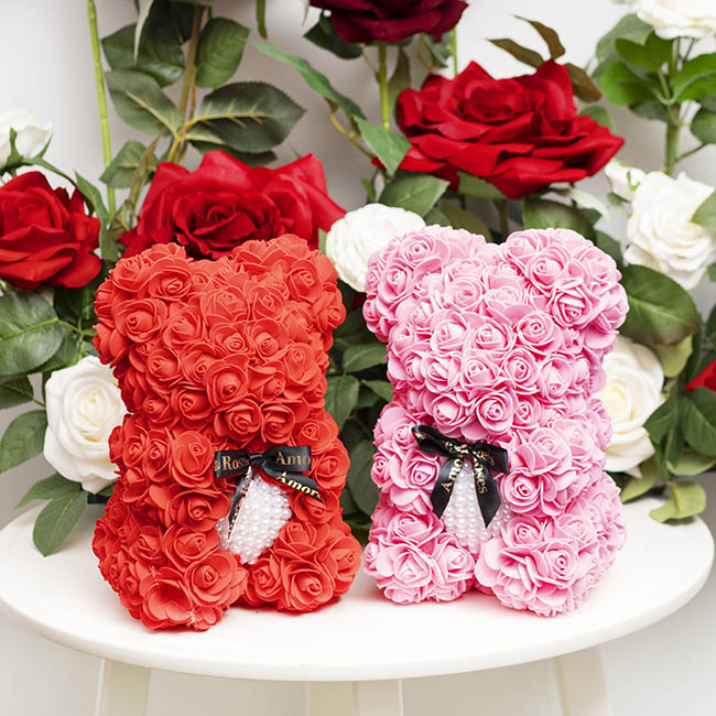 Amore Rose Bear w Pearl Heart & Black Bow Red (25cmH)