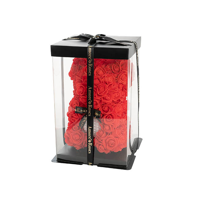 Amore Rose Bear w Pearl Heart & Black Bow Red (25cmH)