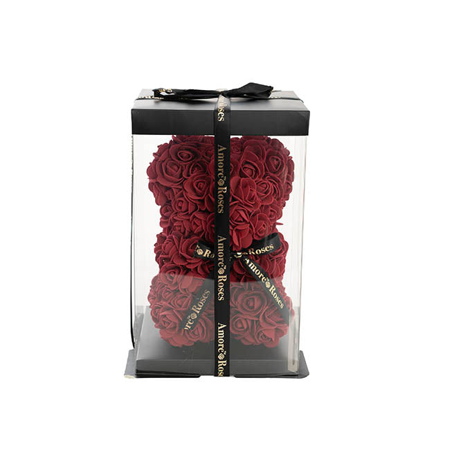 Amore Rose Bear w Black Bow Dark Red (25cmH)