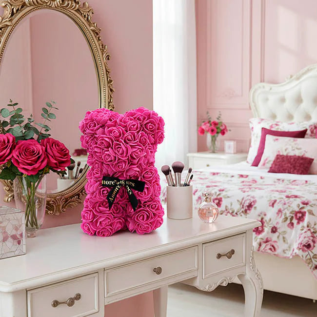 Amore Rose Bear w Black Bow Hot Pink (25cmH)