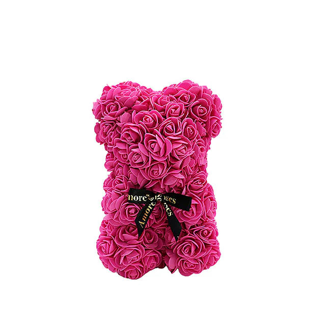 Amore Rose Bear w Black Bow Hot Pink (25cmH)