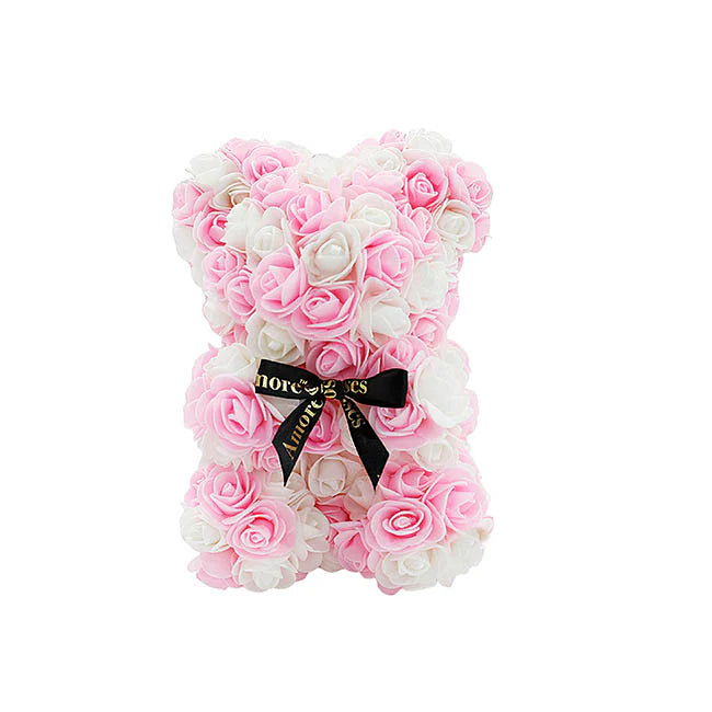 Amore Rose Bear w Black Bow Pink & White (25cmH)