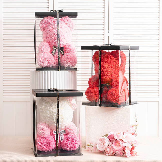 Amore Rose Bear Large w Black Bow Red (35cmH)