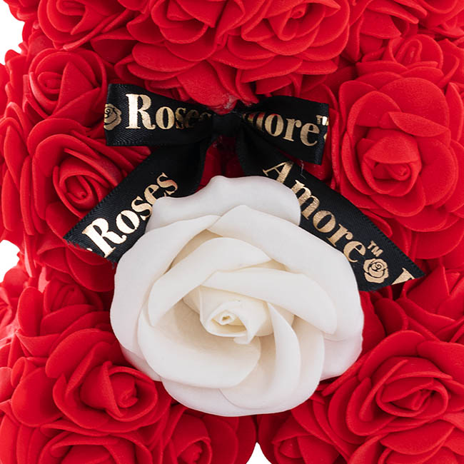 Amore Rose Bear w White Flower & Black Bow Red (25cmH)