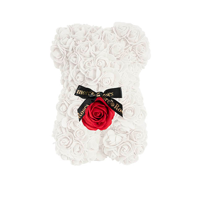 Amore Rose Bear w Red Flower & Black Bow White (25cmH)
