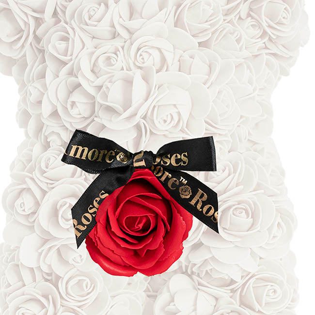 Amore Rose Bear w Red Flower & Black Bow White (25cmH)