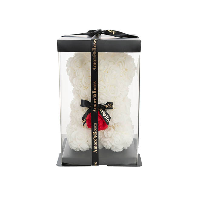 Amore Rose Bear w Red Flower & Black Bow White (25cmH)