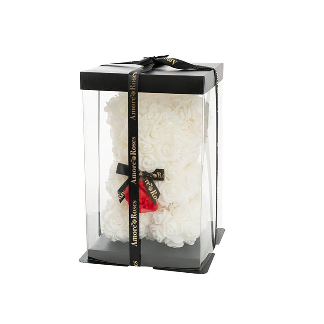 Amore Rose Bear w Red Flower & Black Bow White (25cmH)