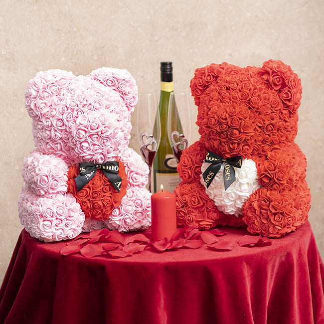 Amore Rose Bear Large w Red Heart & Black Bow Pink (35cmH)
