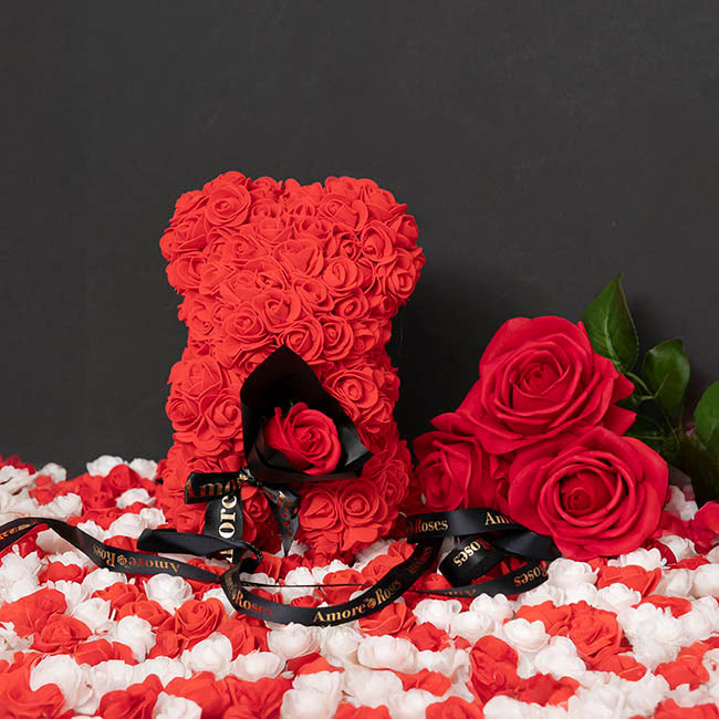 Amore Rose Bear w Rose Bouquet Black Bow Red (25cmH)
