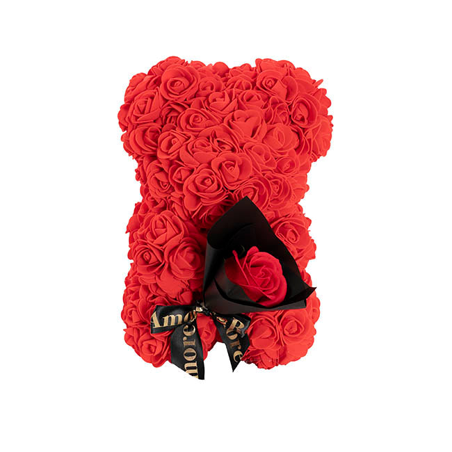 Amore Rose Bear w Rose Bouquet Black Bow Red (25cmH)