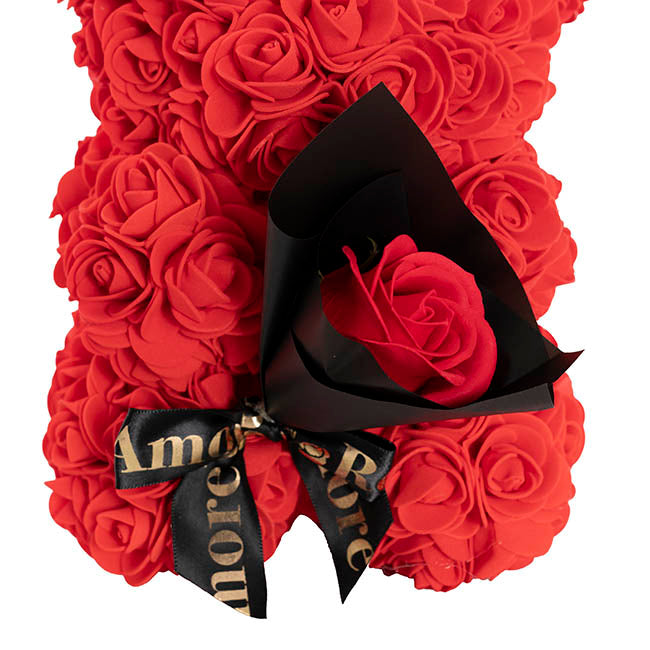 Amore Rose Bear w Rose Bouquet Black Bow Red (25cmH)