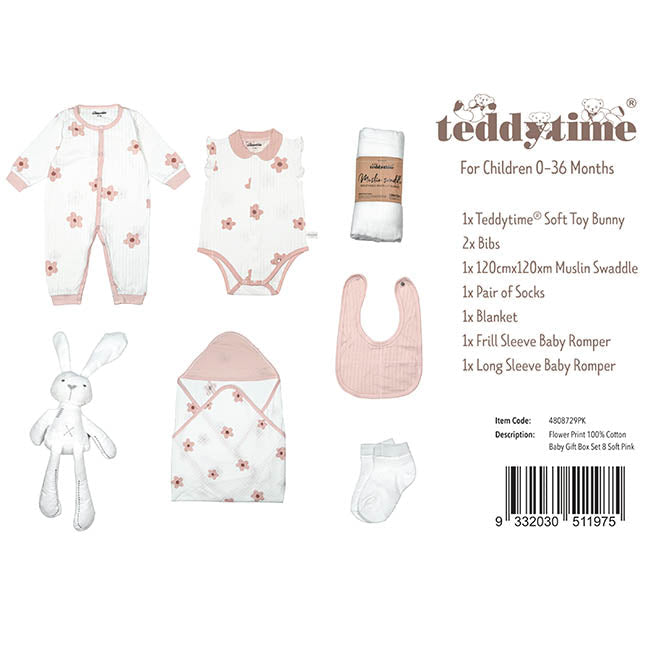 Flower Print 100% Cotton Baby Gift Box Set 8 Soft Pink