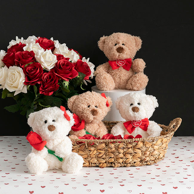 Mrs Teddy Bear w Red Rose White (20cm.ST)