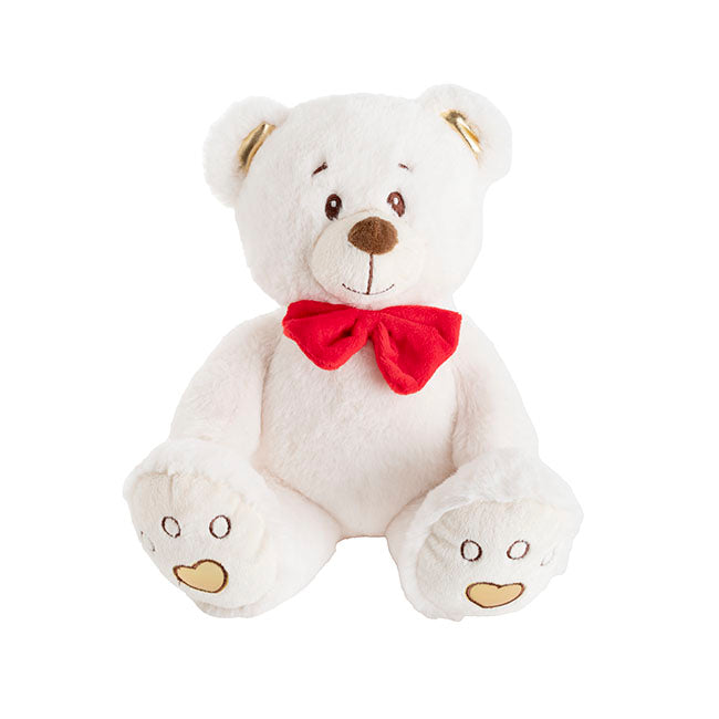 Quincy Love Bear w Red Bow Gold & White (25cmST)
