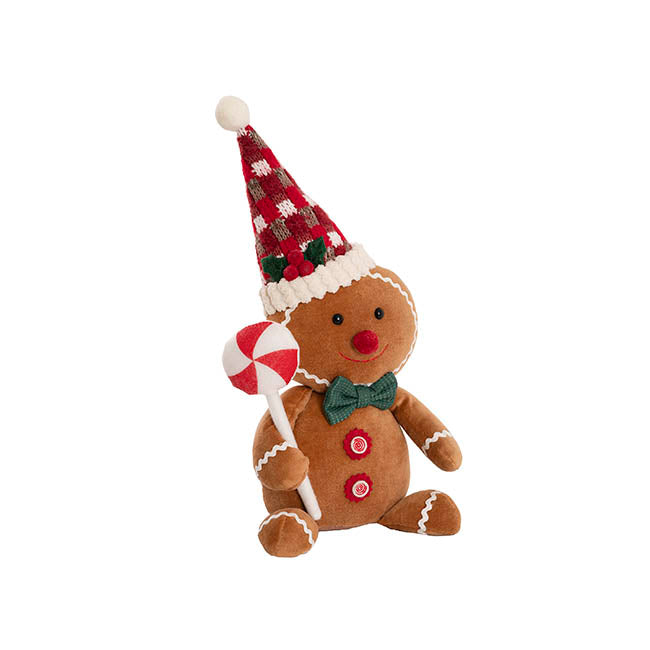 Sitting Gingerbread Man w Lollipop Brown (18x10x33cmH)