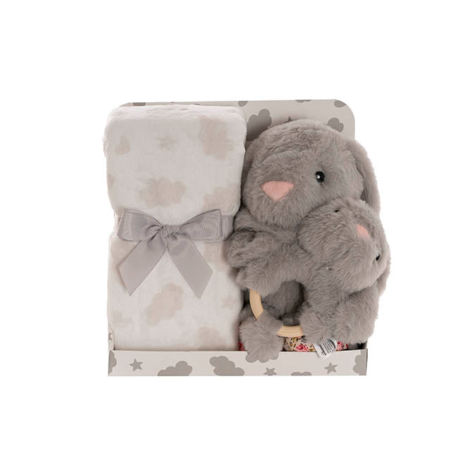 Bunny Flora, Rattle & Blanket Gift Pack Soft Grey (25cmH)