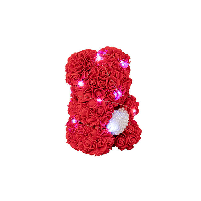 LED Sweet Rose Bear with Pearl Heart Red (25cmH)
