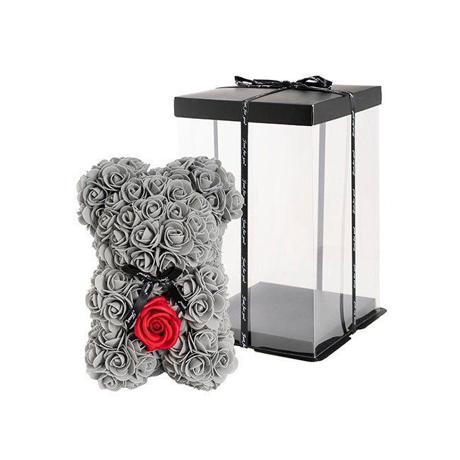 Rose Bear with Red Flower Grey (25cmH)