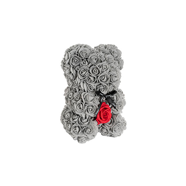 Rose Bear with Red Flower Grey (25cmH)
