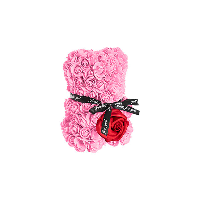 Rose Bear with Red Flower Pink (25cmH)