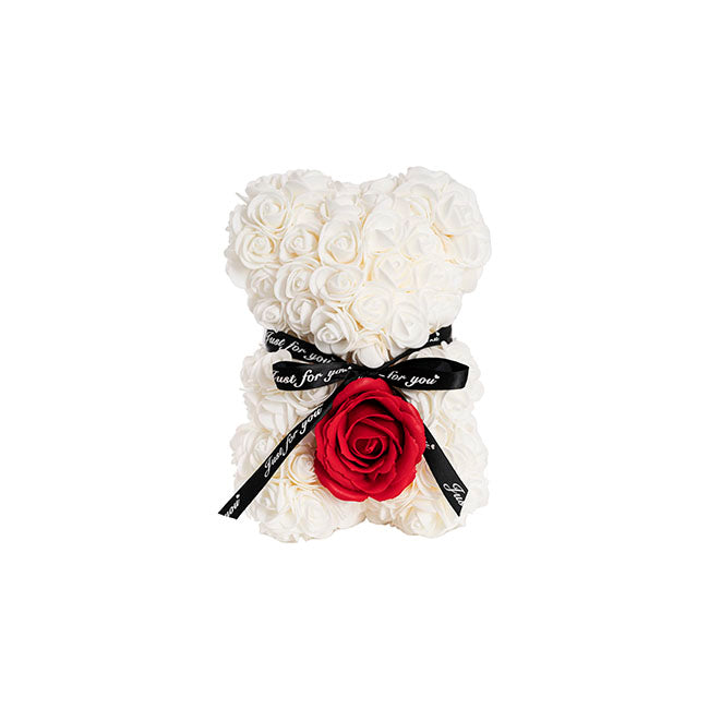 Rose Bear with Red Flower White 25cmH The Soft Toy Shop