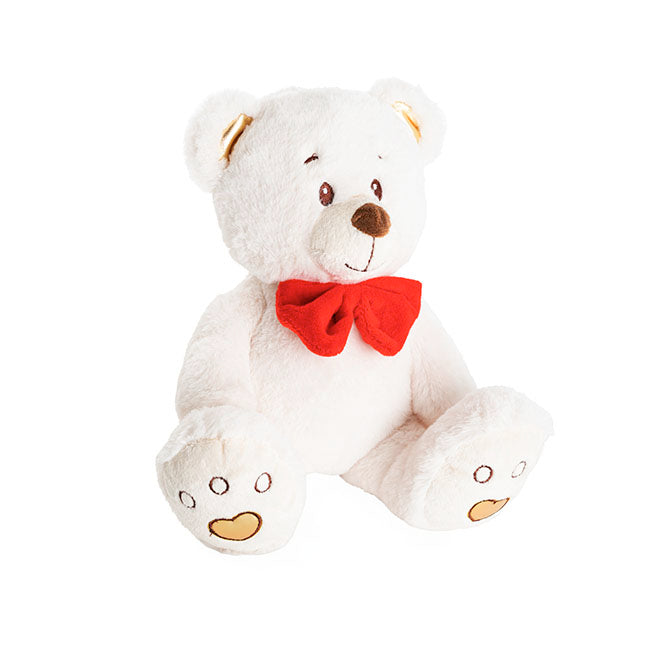Quincy Love Bear w Red Bow Gold & White (25cmST)
