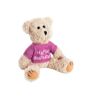 Teddy Bear Message Happy Birthday Purple T Shirt (20cmH)