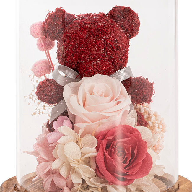 Preserved Rose Bear Hydrangea LED Cloche Red (12Wx20cmH)