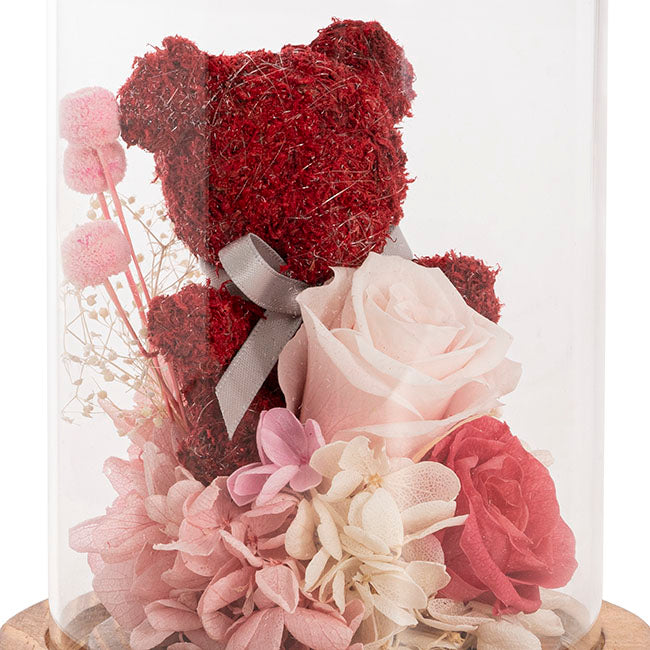 Preserved Rose Bear Hydrangea LED Cloche Red (12Wx20cmH)